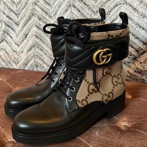Authentic Gucci Marmont-logo print, coated canvas and leather boots- black